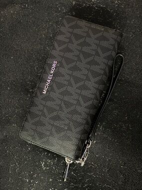 Michael Kors Black MK Logo Wristlet Wallet with Silver Hardware